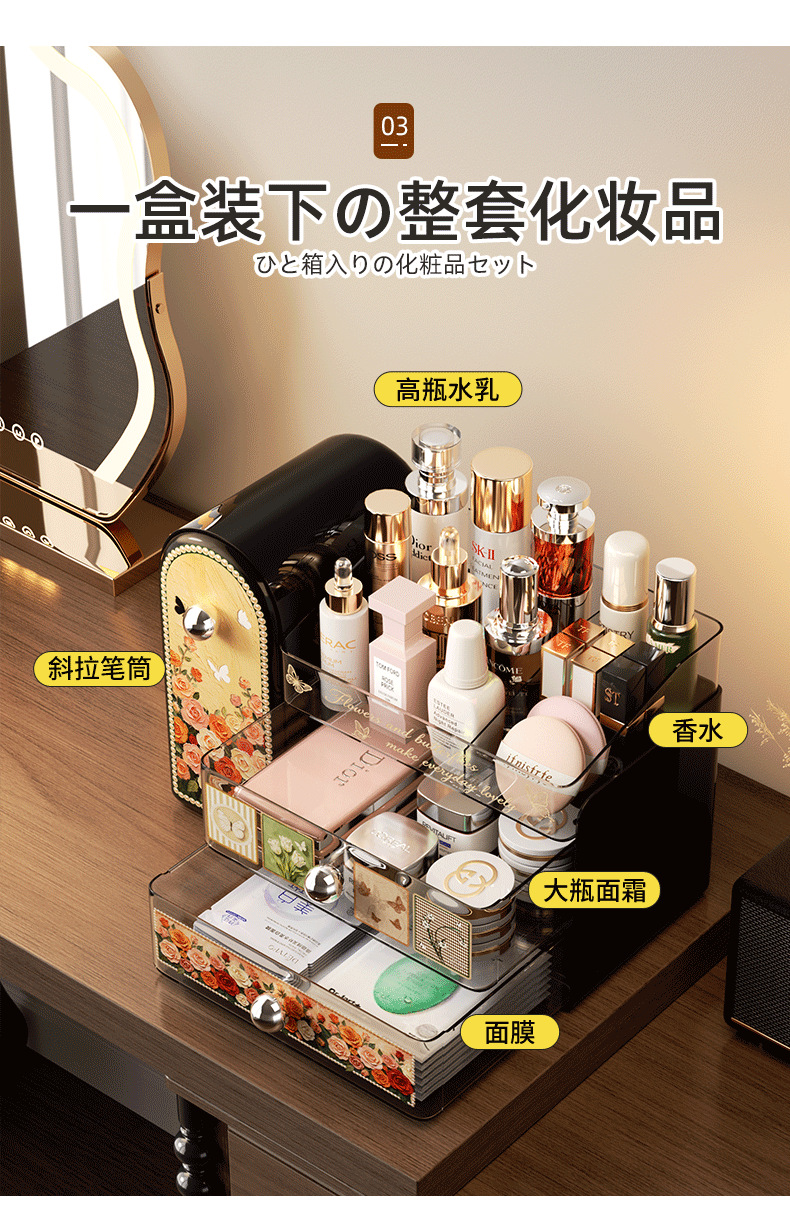 新款中古风化妆品护肤品置物架高级感轻奢桌面多功能抽屉式收纳盒