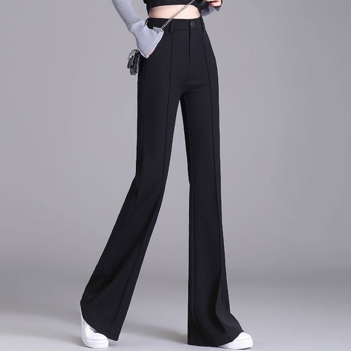 加绒加厚黑色微喇裤女2026秋冬新款高腰修身显瘦弹力休闲西装长裤
