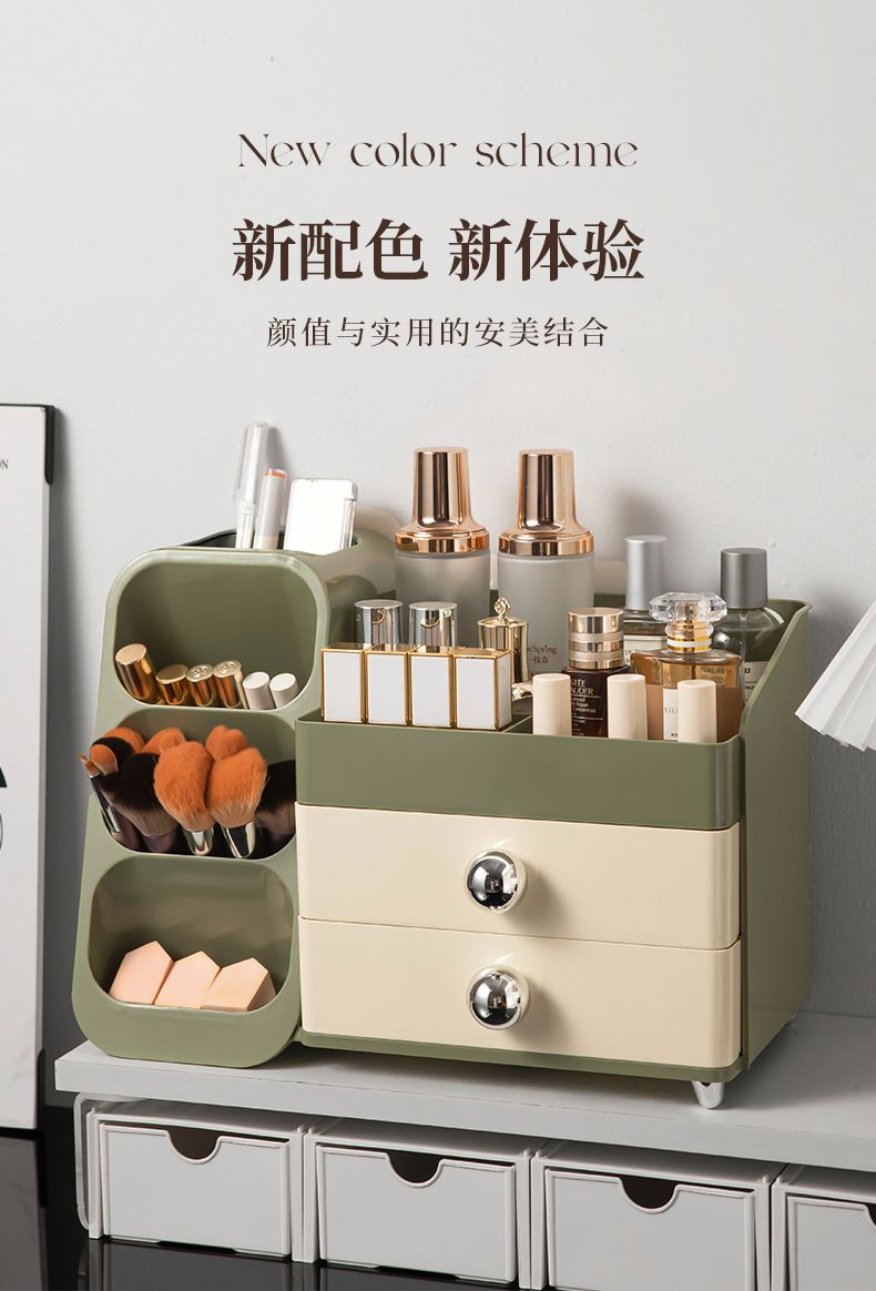 Desktop cosmetics organizer box, multi-layer, vanity makeup station