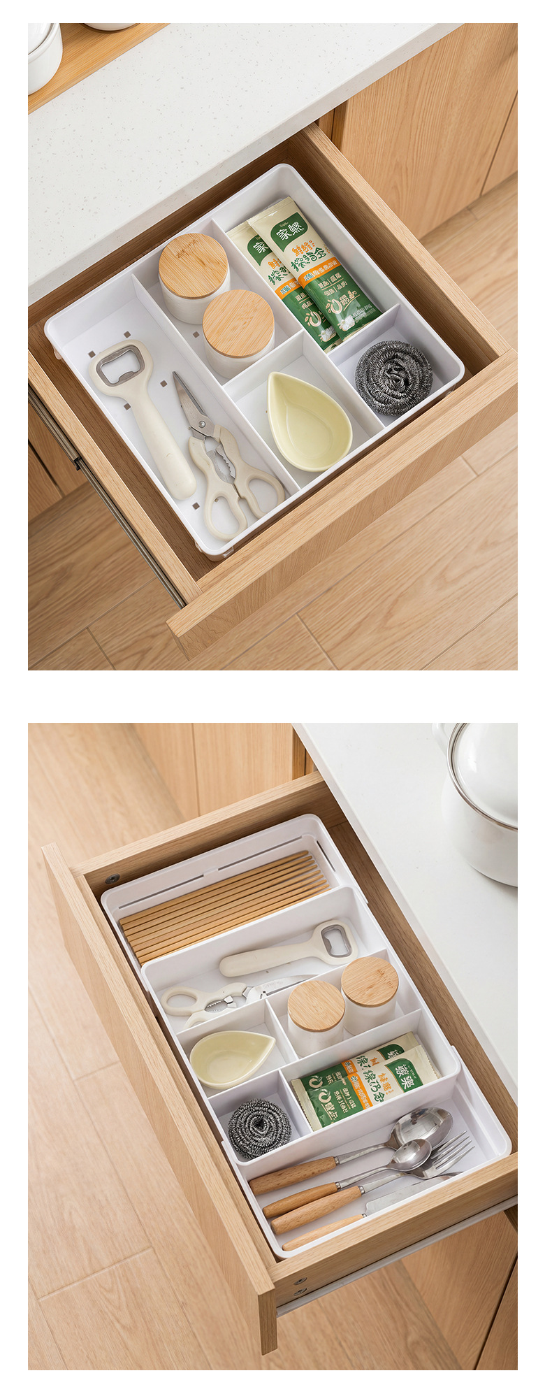 Expandable drawer storage box, plastic, transparent