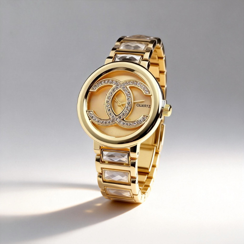 Women's quartz watch with stone accents, round open dial, pink