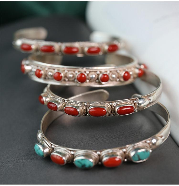 Nepal handgefertigtes Türkis-Armband, Silbereinlage, verstellbar