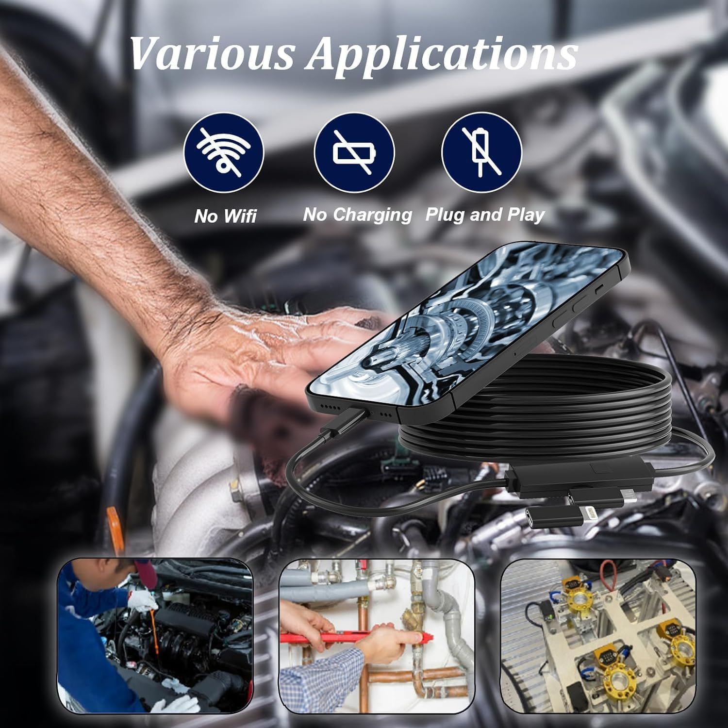 LED Industrie-Endoskop für Android und iOS, HD Kamera, wasserdicht