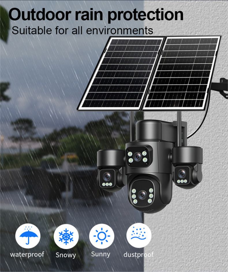 Four-Lens Surveillance Camera HD Night Vision Solar-Powered