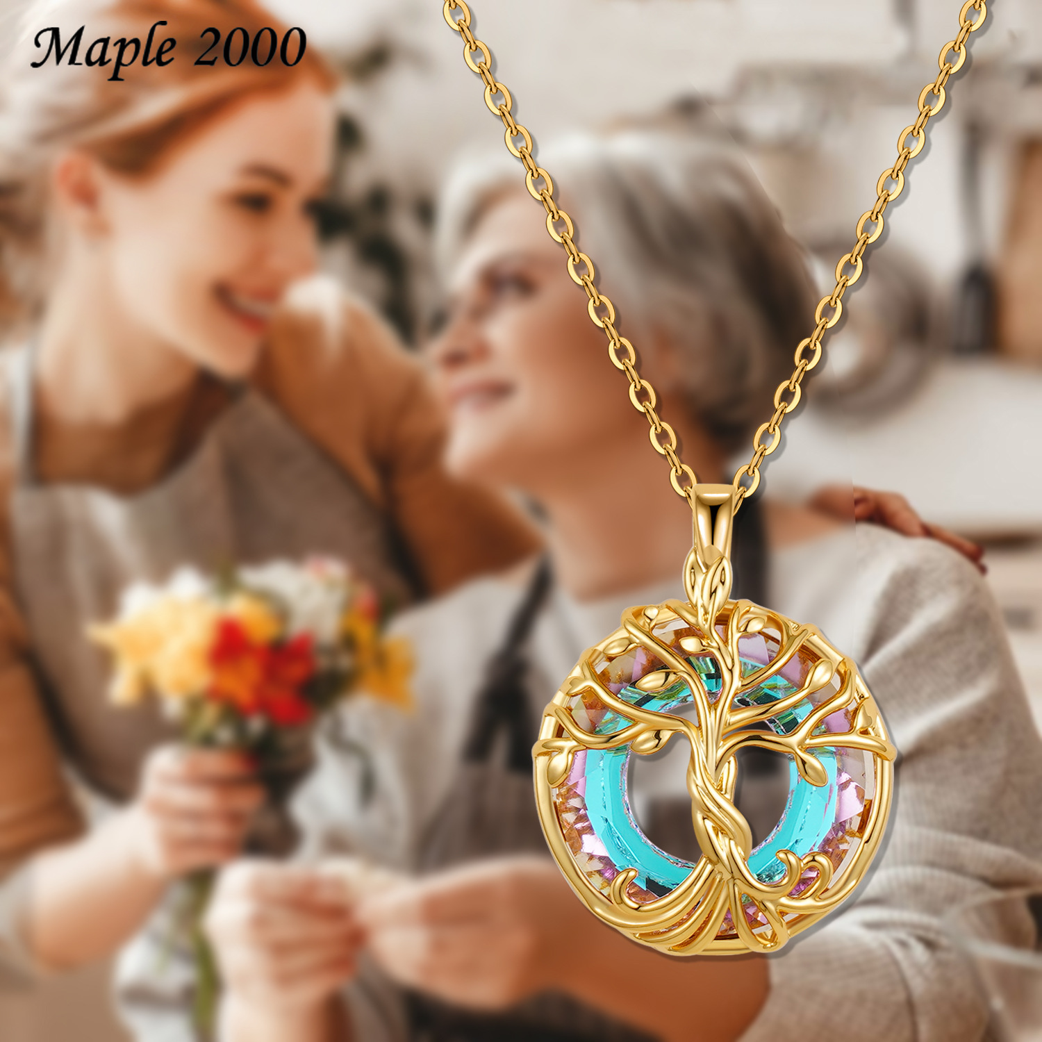 Crystal Glass Life Tree Necklace, Colorful Design