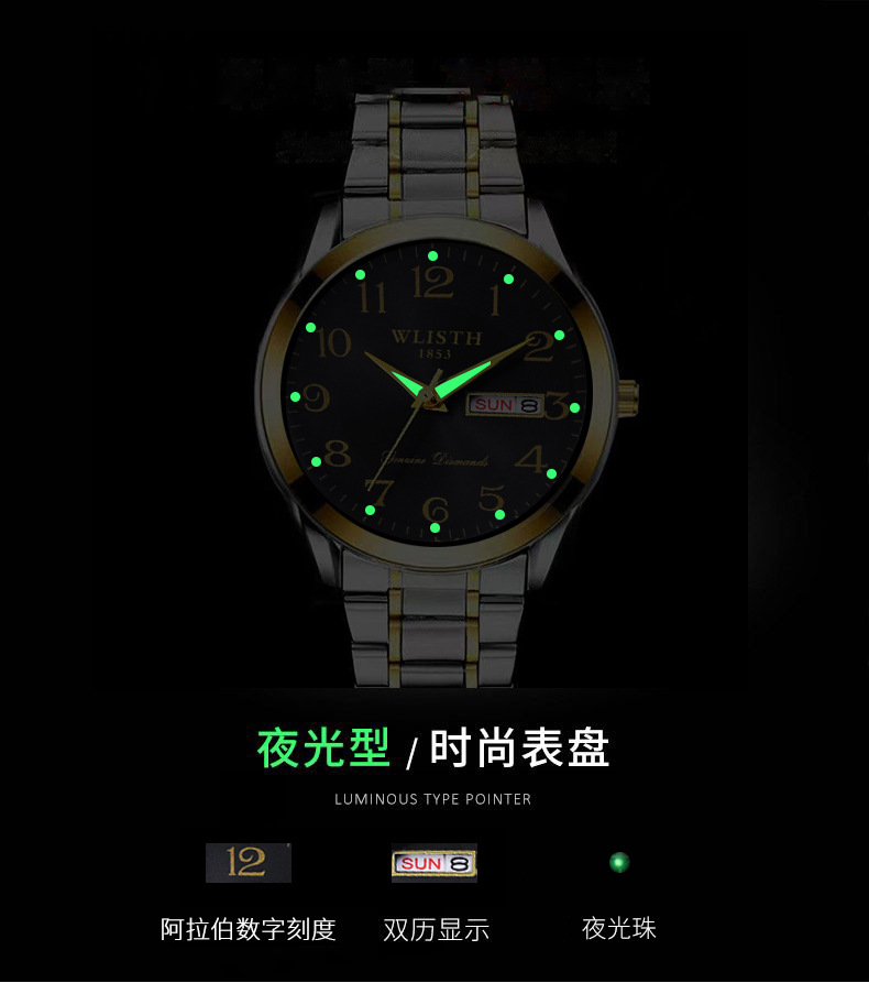 WLISTH men's quartz watch, large numerals, waterproof