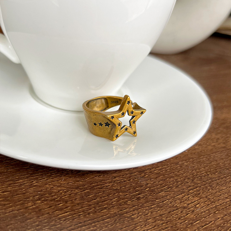 Five-pointed star 925 silver ring, hip-hop design