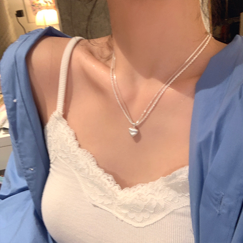 Double-layer brushed love pendant necklace, sparkling