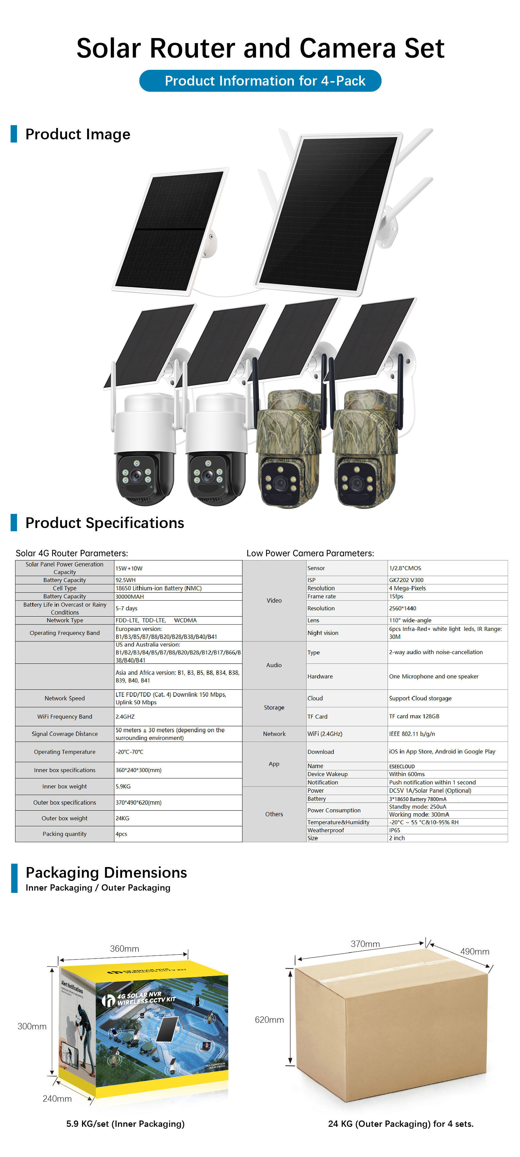 Solar-powered outdoor wireless surveillance kit, 4MP night vision