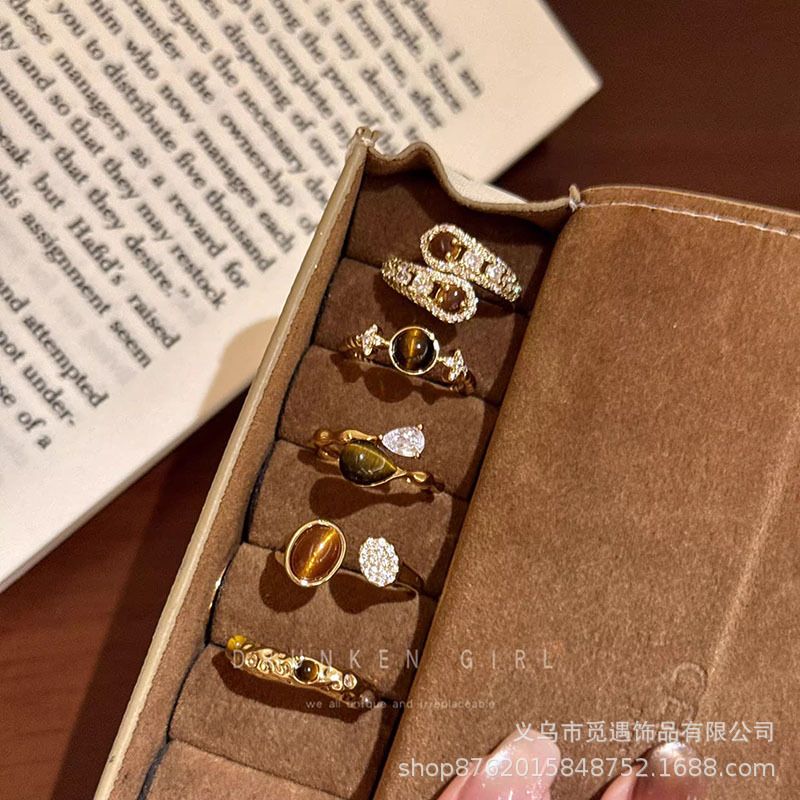 Tiger eye star water drop open ring