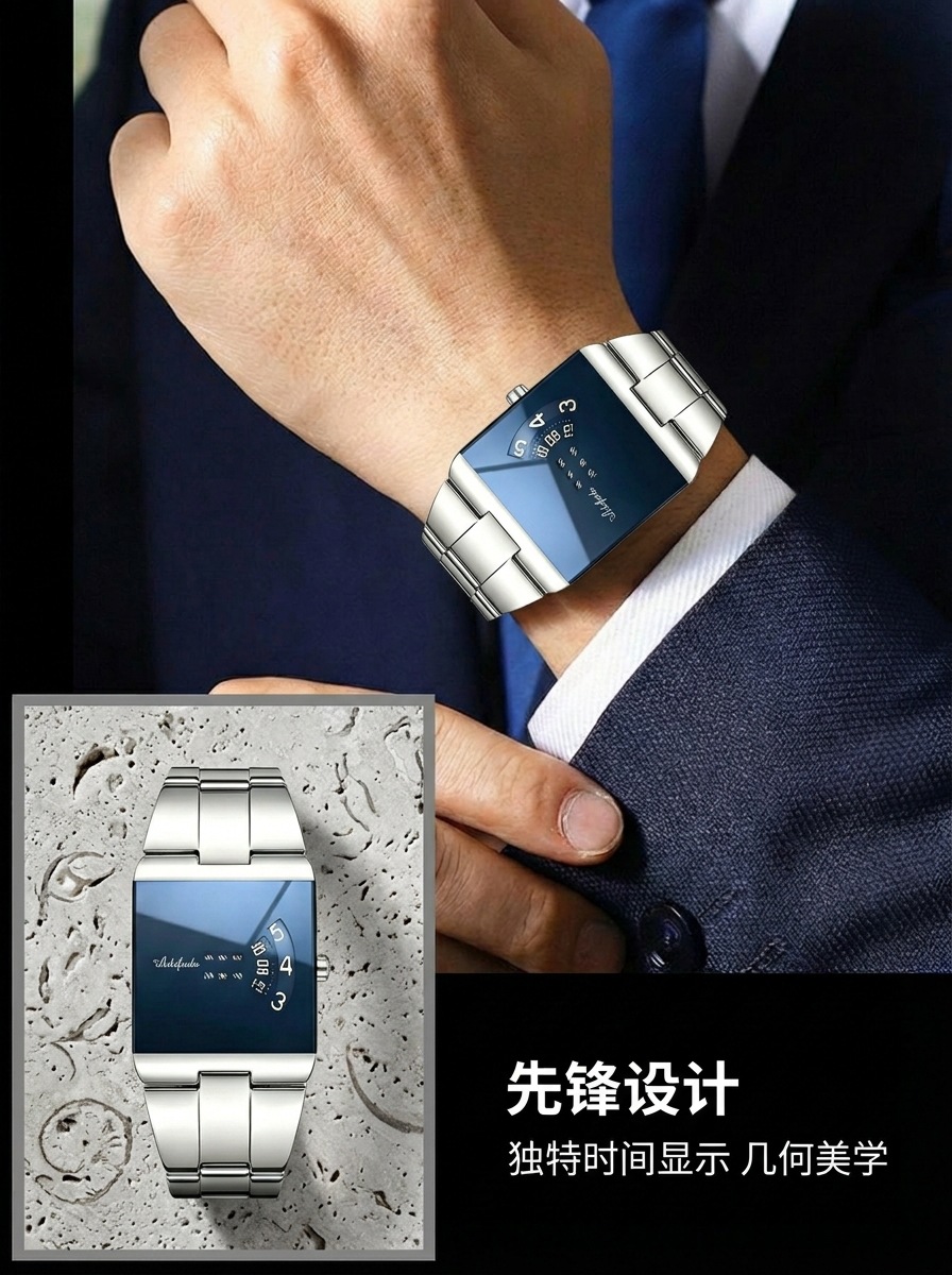 Men's Square Quartz Watch Steel Band Waterproof