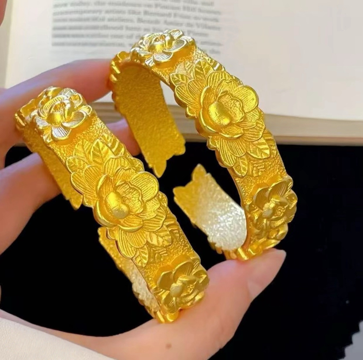 3D carved peony bracelet, solid gold-colored Chinese style
