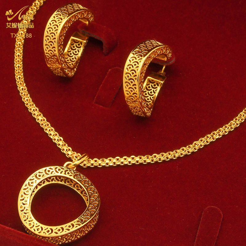 24K altın kaplı bakır takı seti kolye küpe geometrik