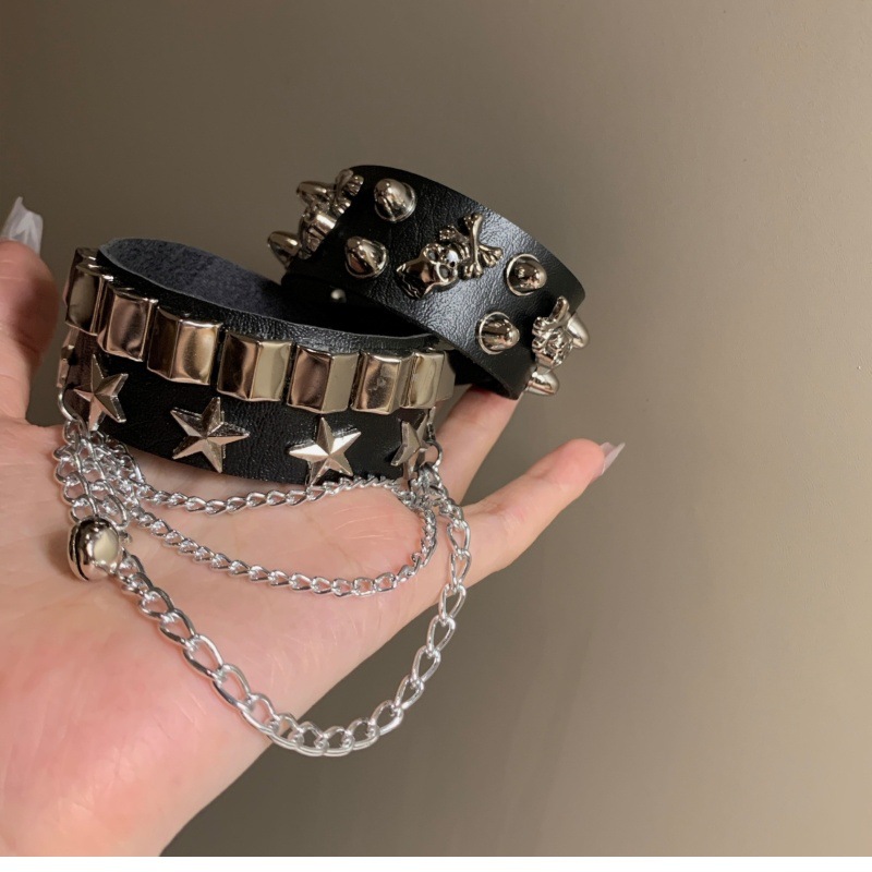 Punk PU leather rivet bracelet, skull design, wide style