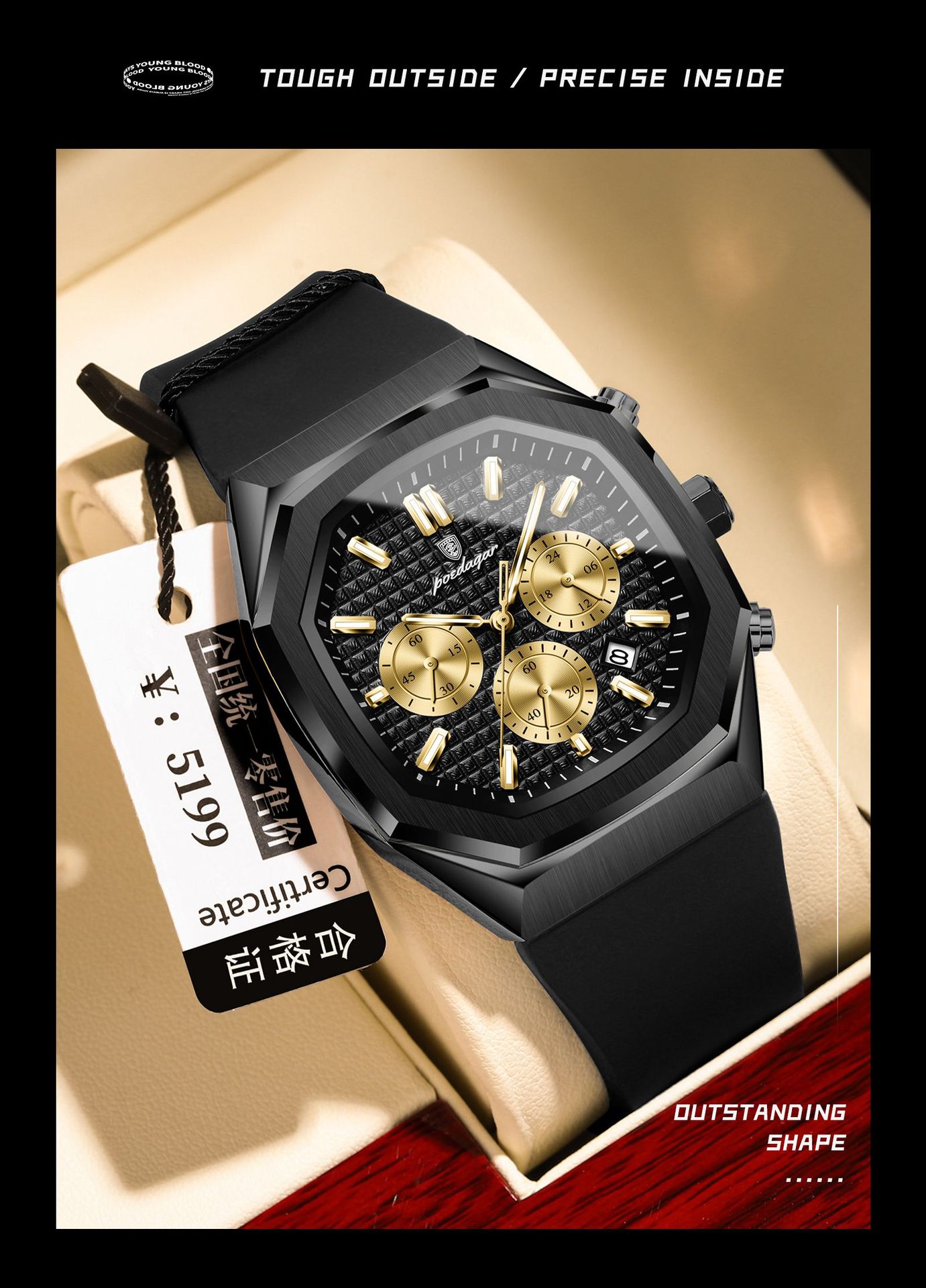 POEDAGAR Herrenuhr, wasserdicht, Chronograph