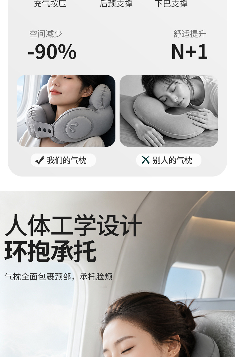 Press-type inflatable U-shape neck pillow, portable