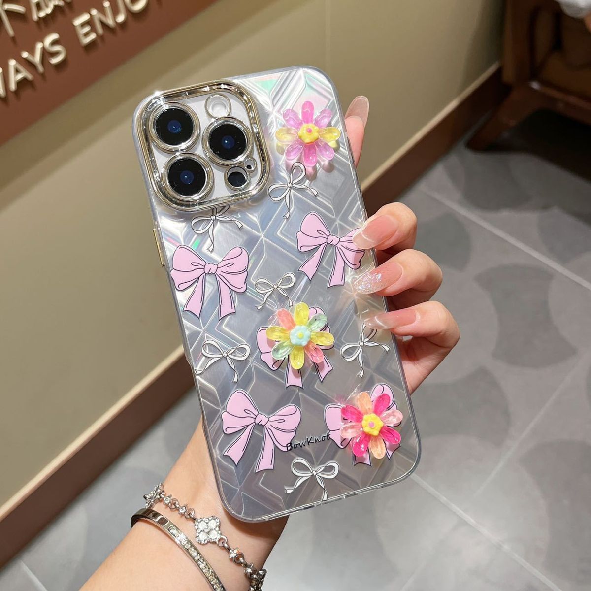 iPhone 17/16 Pro Max case, cute bow lanyard glitter