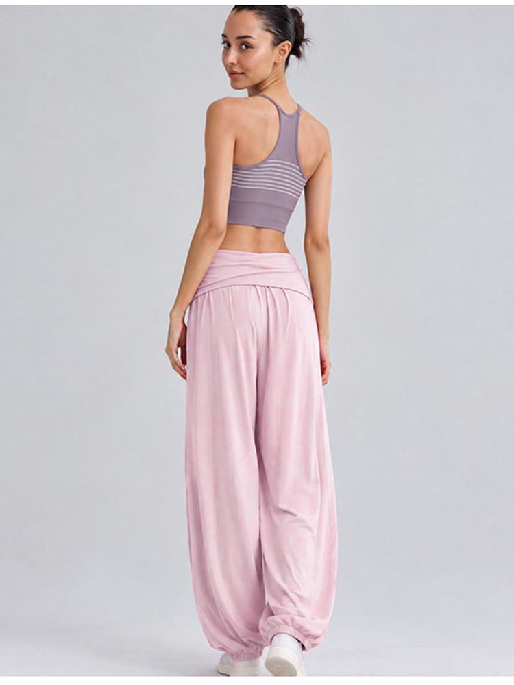 Damen-Yogahose mit Taillenknopf und weitem Bein, hohe Taille