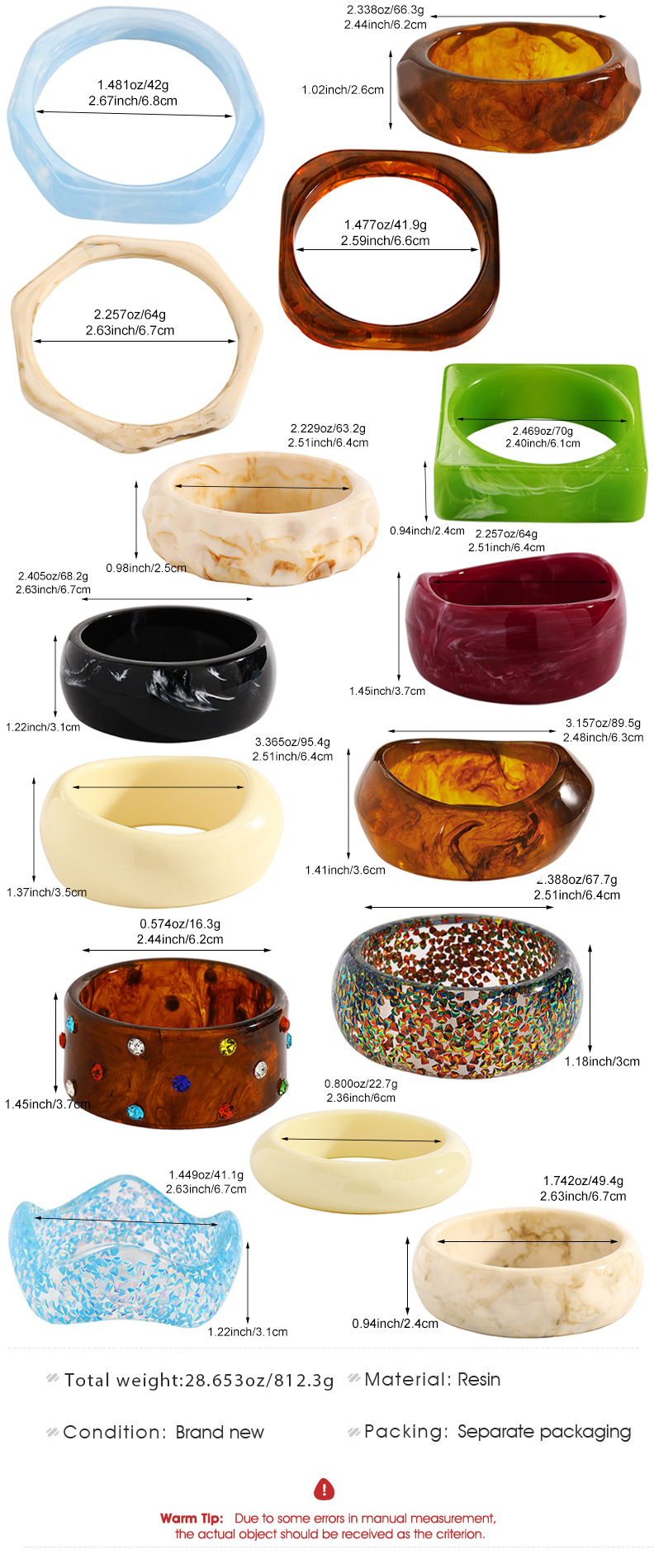 Vintage Kunstharz-Armband mit breitem Rand, Marmormuster, mehrfarbig
