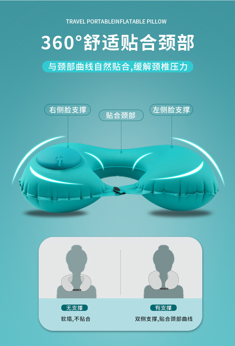 Inflatable neck pillow, U-shaped, for travel