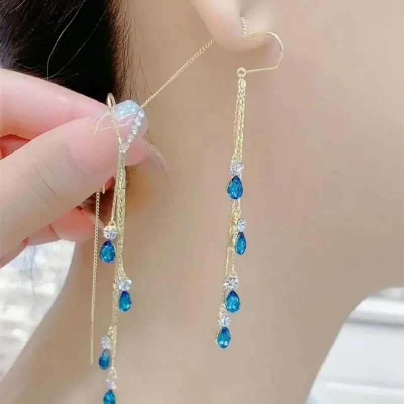 Blauer Wassertropfen-Quasten-Ohrhänger koreanisch elegant
