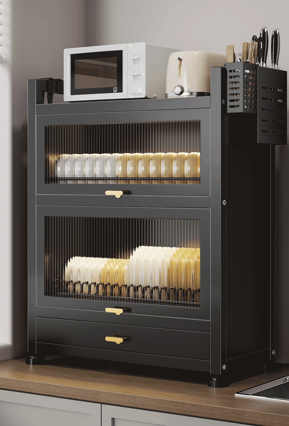 Multi-layer kitchen dish rack with cabinet door