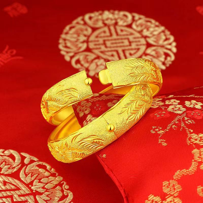 真金电镀结婚手镯开口宽版双喜龙凤镯子高仿金女新娘婚庆金猪吊牌
