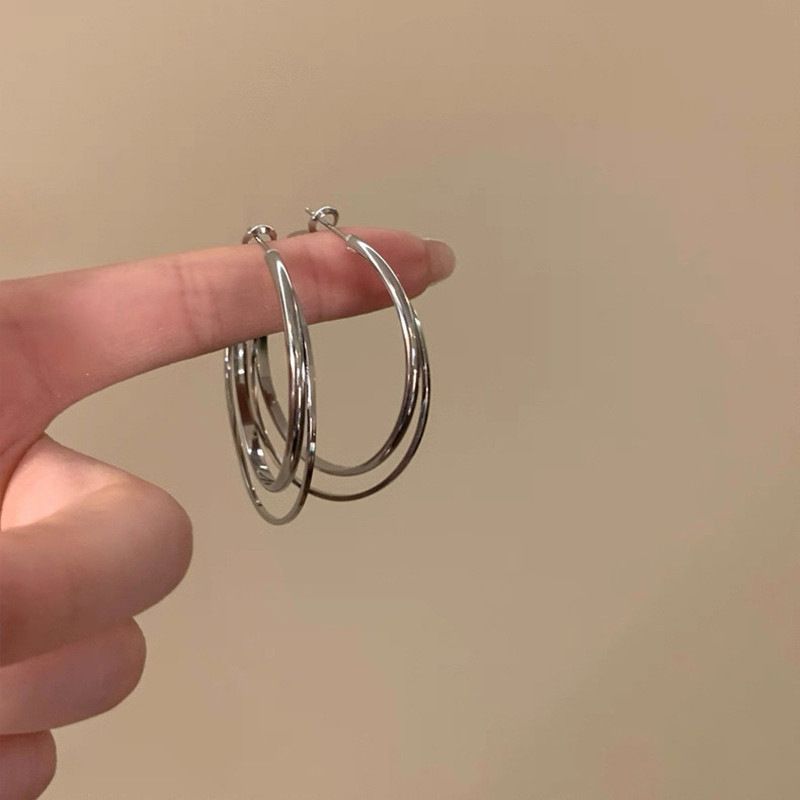 Metal double layer circle hoop earrings, women's