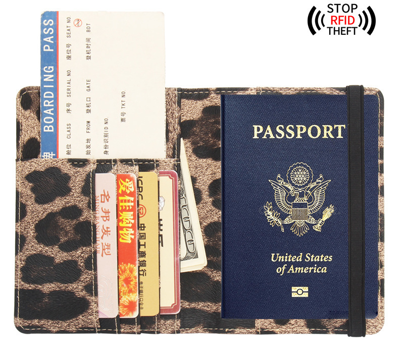 RFID passport holder with leopard print, multiple card slots, short style