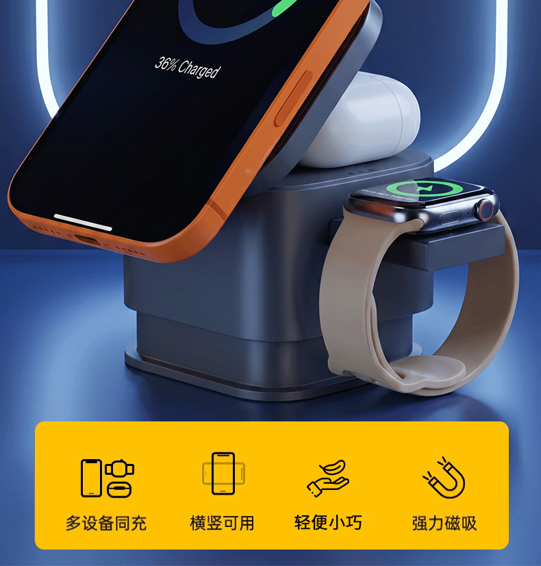 3-in-1 Wireless Charger 15W magnetisch für Smartphone, Uhr, Ohrhörer
