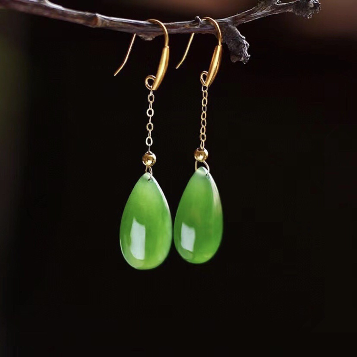Hetian Jade Water Drop Earrings 18K Gold Inlaid Women
