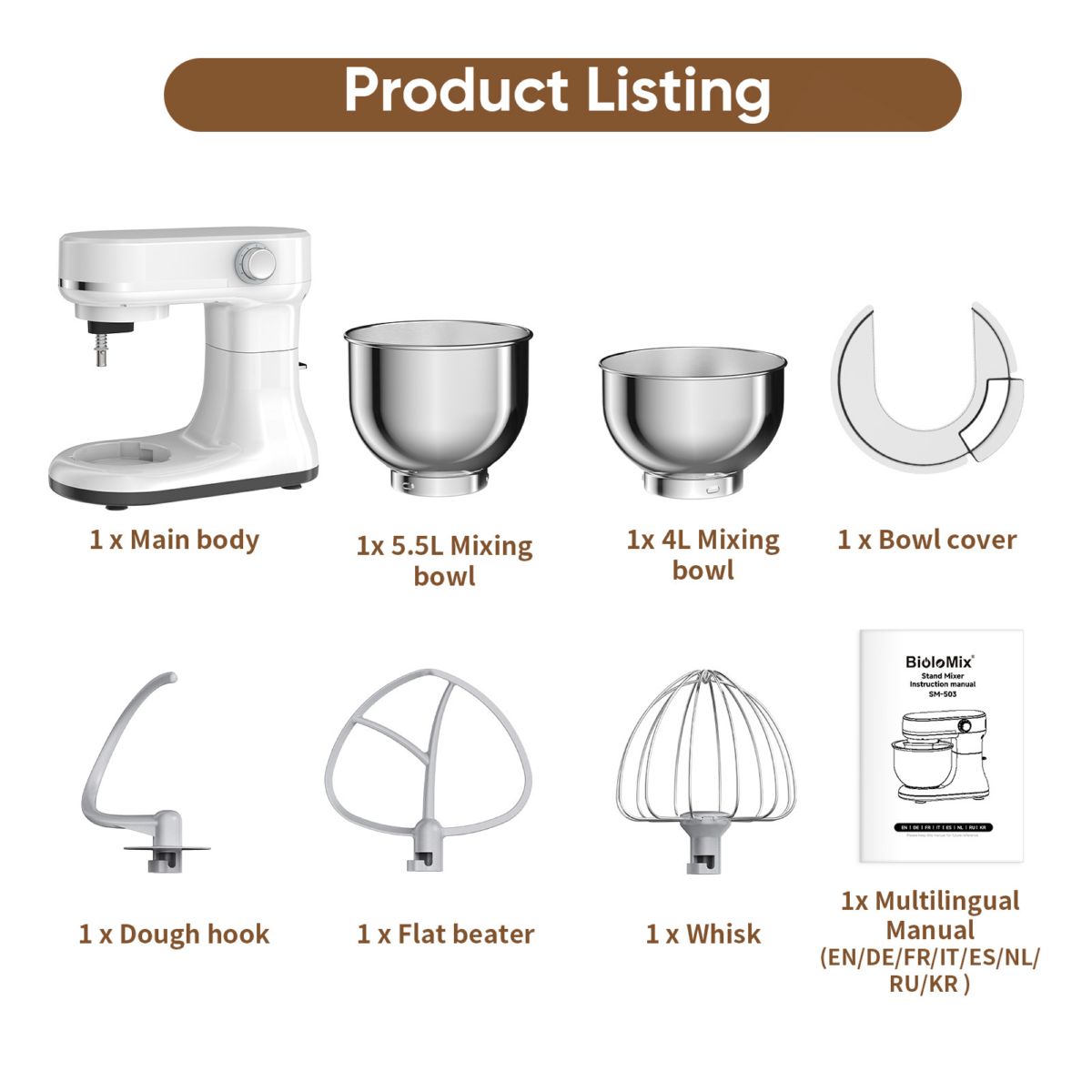 跨境立式厨师机5.5L+4L双碗和面机8档搅拌打蛋揉面机stand mixer