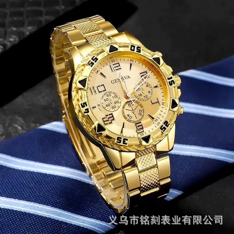 temu爆款男士石英手表时尚钢带腕表厚玻璃下三眼手表源头厂家批发