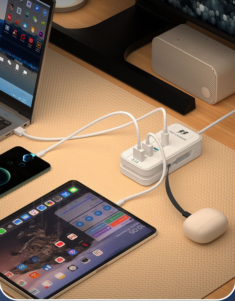Multi-port USB charger with 5 USB outlets, home and dorm use