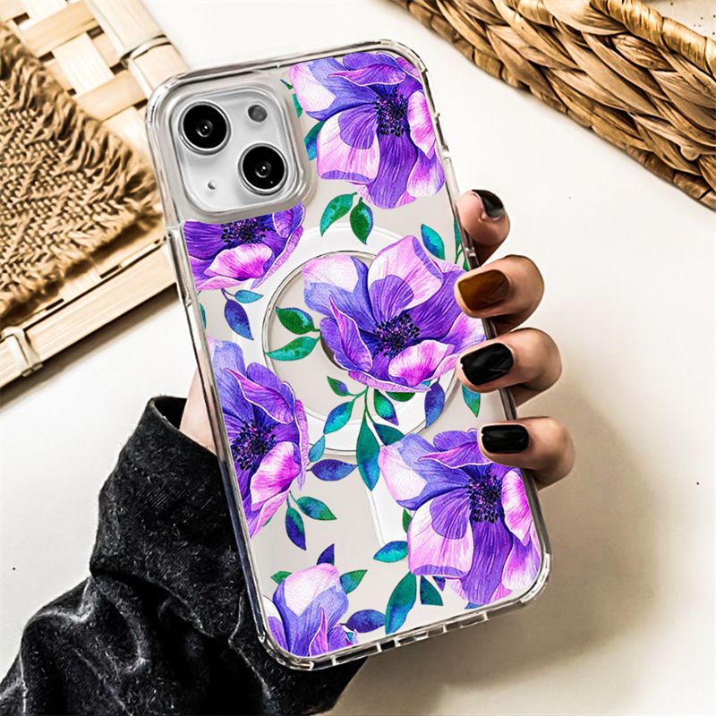 Apple iPhone 16E magnetic case, purple flower pattern TPU+PC