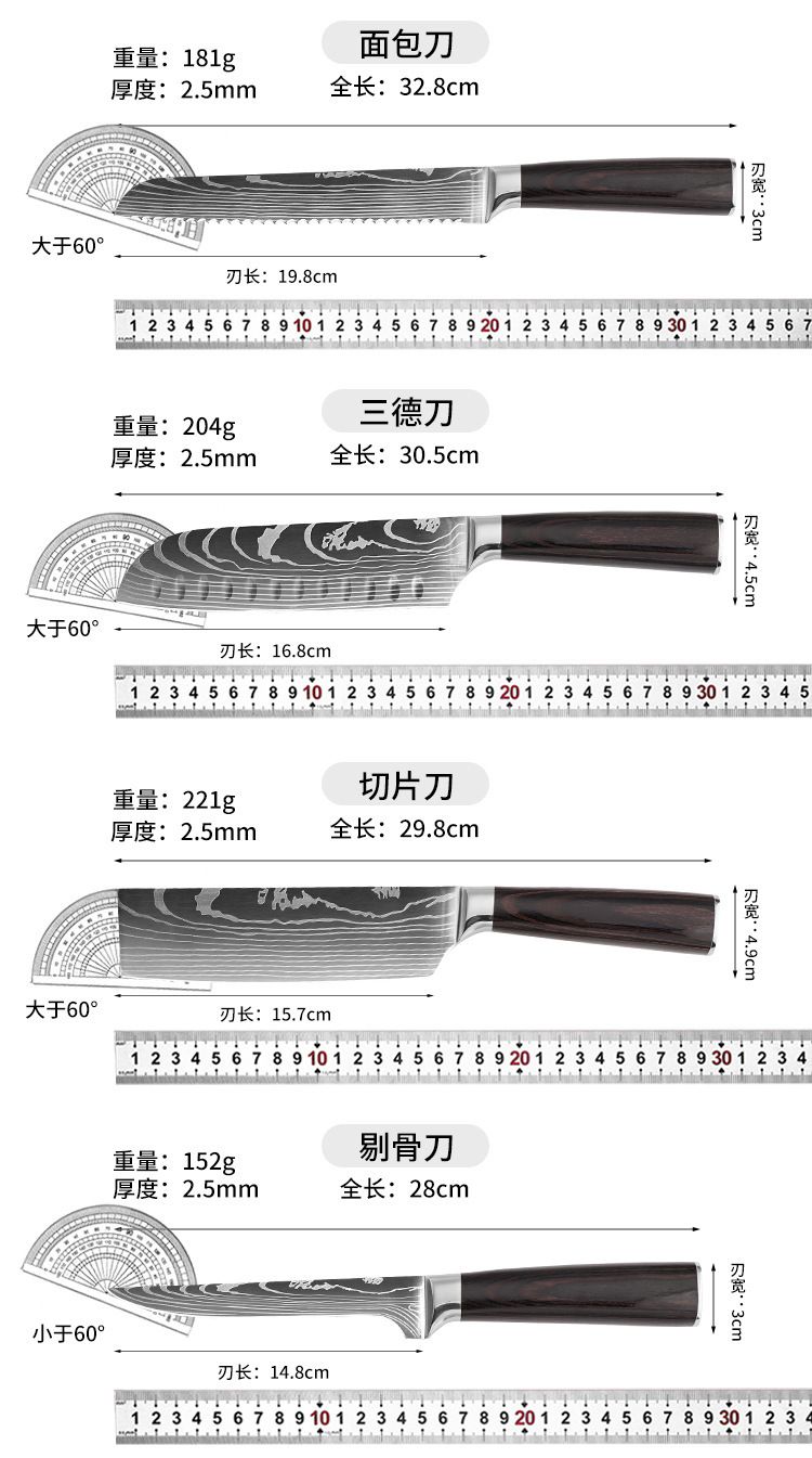 Damascus pattern kitchen knife set with chef knife