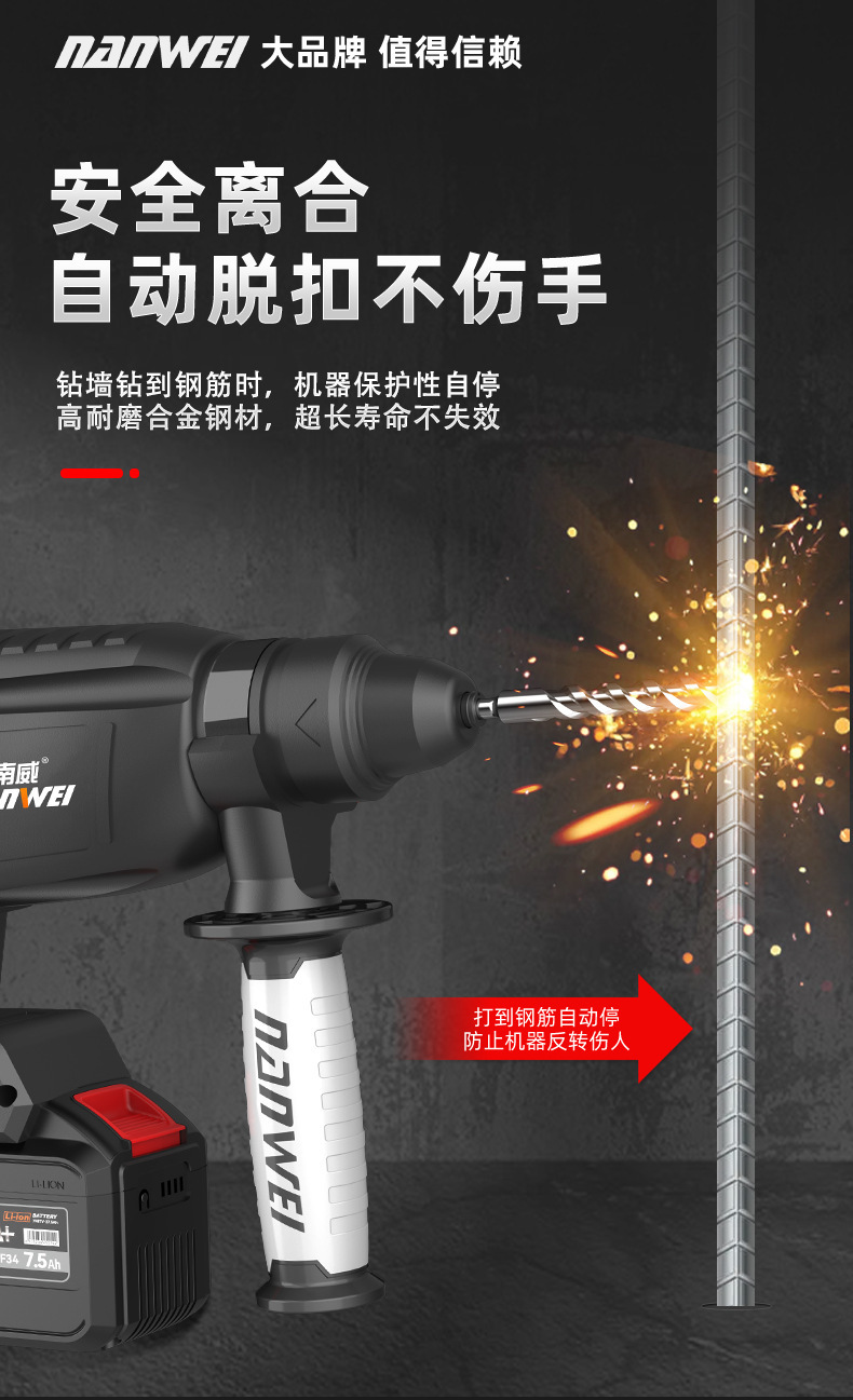 Nanwei elektrik çekiçi, fırçasız motor, lityum pilli, 3-in-1 set