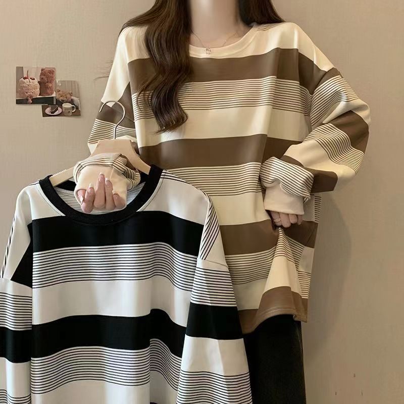 American retro oversized striped sweatshirt for women, spring and autumn thin loose boyfriend style comfortable long-sleeve shirt top.