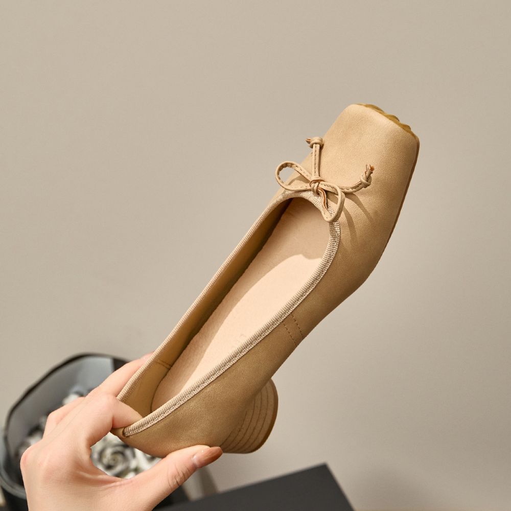 Genuine Leather Square Toe Mary Jane Ballet Flats, Mid Heel, Vintage Look