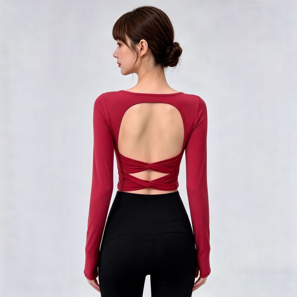 Yoga-Oberteil mit Rückenfrei, Langarm, mit Bustier-Pad