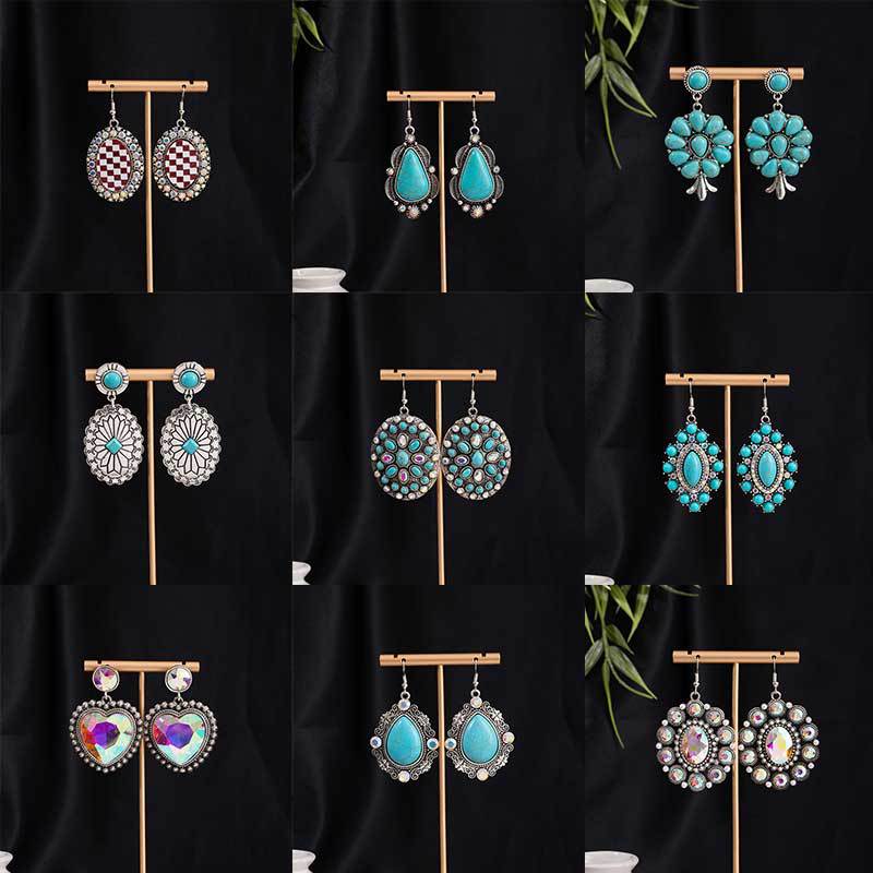 Rhinestone Turquoise Bull Head Flower Drop Earrings, Vintage Boho Style