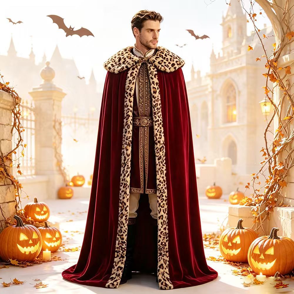 Unisex uzun yeşil pelerin, kadife leopar desenli, cadılar bayramı ve cosplay