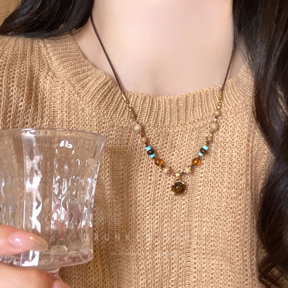 Tiger's Eye Beaded Necklace, Vintage Round Loop Design - 1