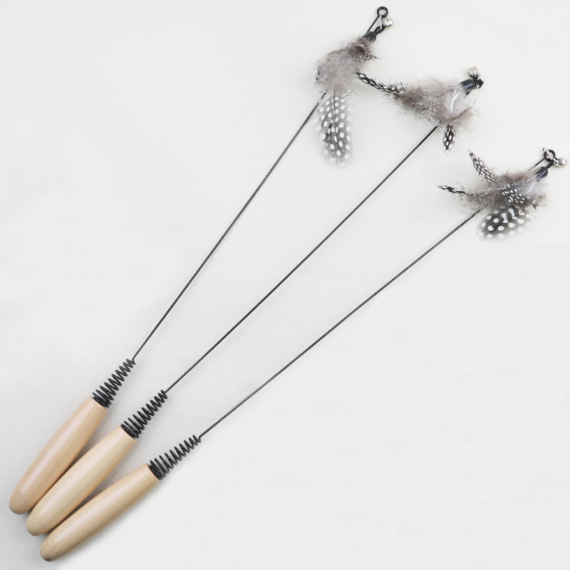 CFA Competition-Grade Wooden Handle Spring Cat Teaser Wand with Pearl Feather Replacement Head, Scratch and Bite Resistant Cat Toy, Interactive Play Pet Supplies