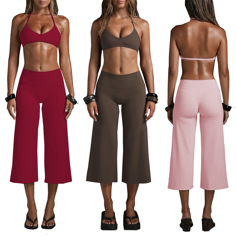 Women's Padded Halter Neck Sports Bra and Cropped Wide-Leg Pants Set