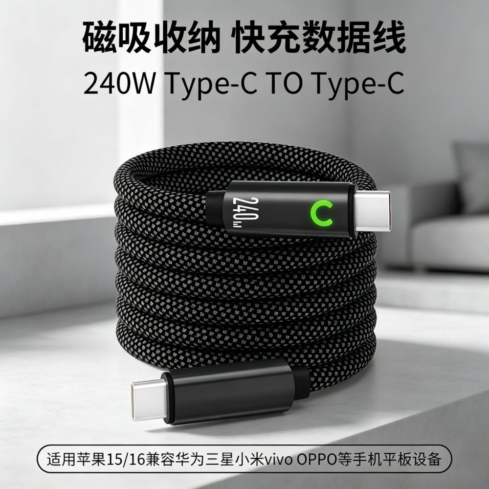240W Magnetic Fast Charging Data Cable for Tablets, Apple, Samsung, Huawei, Dual Type-C
