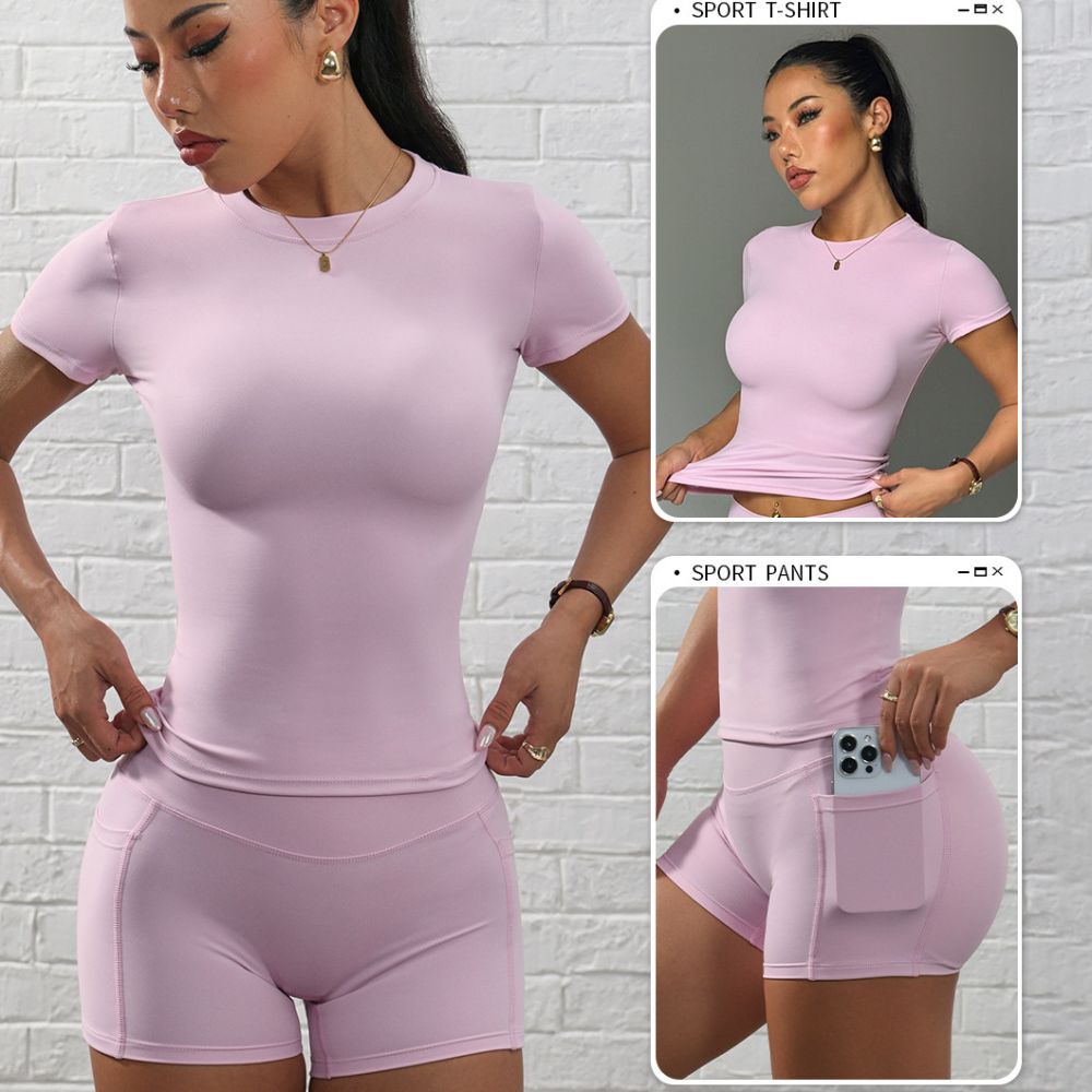 Schnelltrocknendes enges Yoga-Set mit T-Shirt und Shorts
