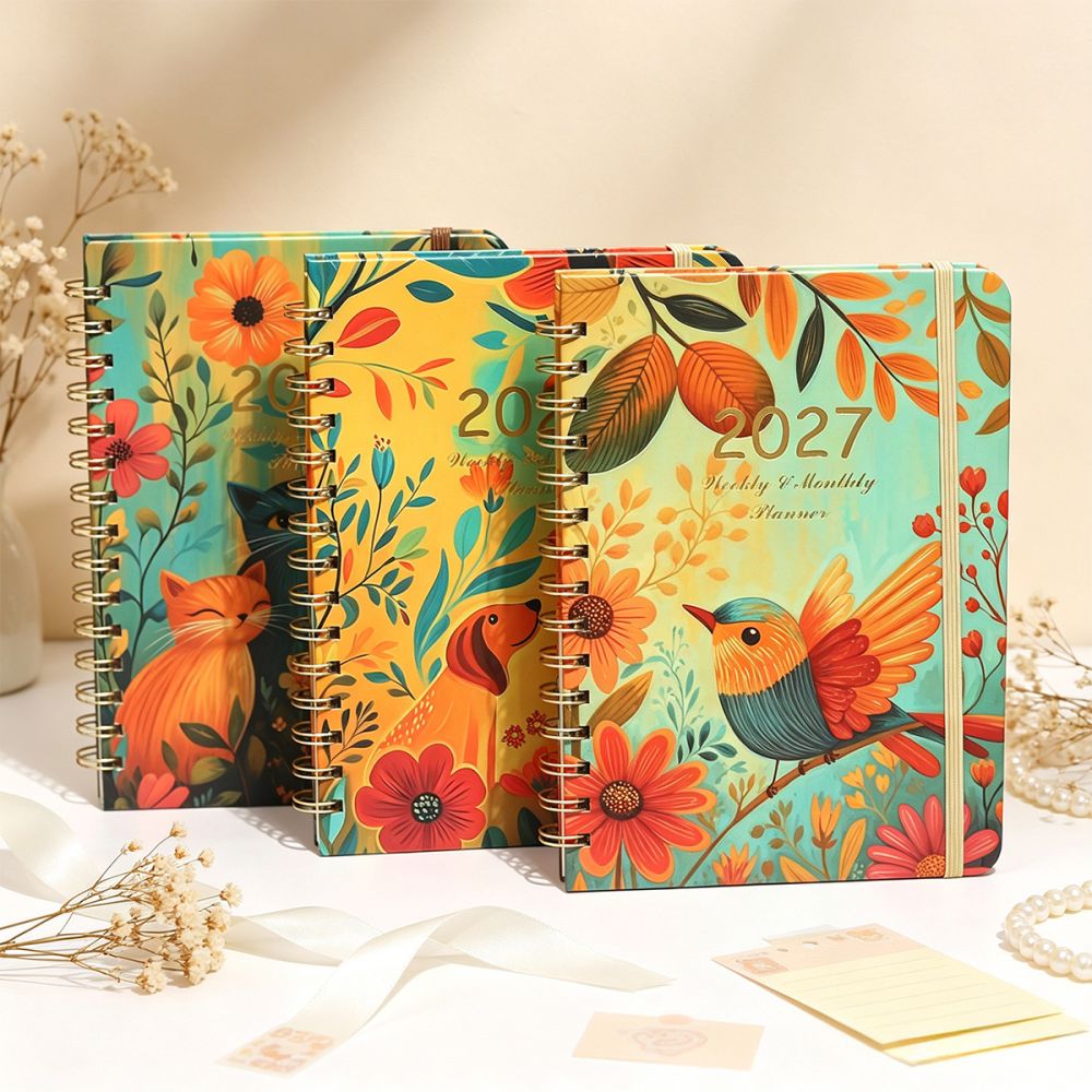 2027 yeni sınır ötesi planlayıcı defter, değerli ajanda, orijinal çiçek desenli spiral defter, askılı A5 defter.