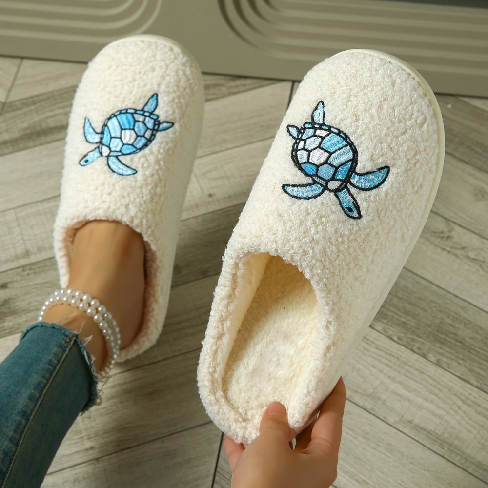 2026 Cross-Border New Embroidered Turtle Home Slippers Autumn Winter Unisex Memory Foam Warm Durable for Men and Women
