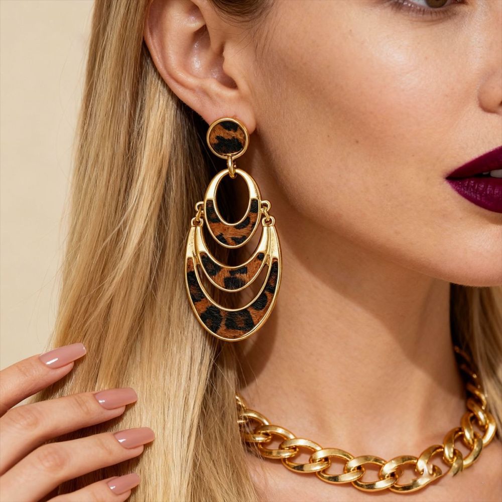 Leopard print earrings with faux horsehair, multi-layer design - 1